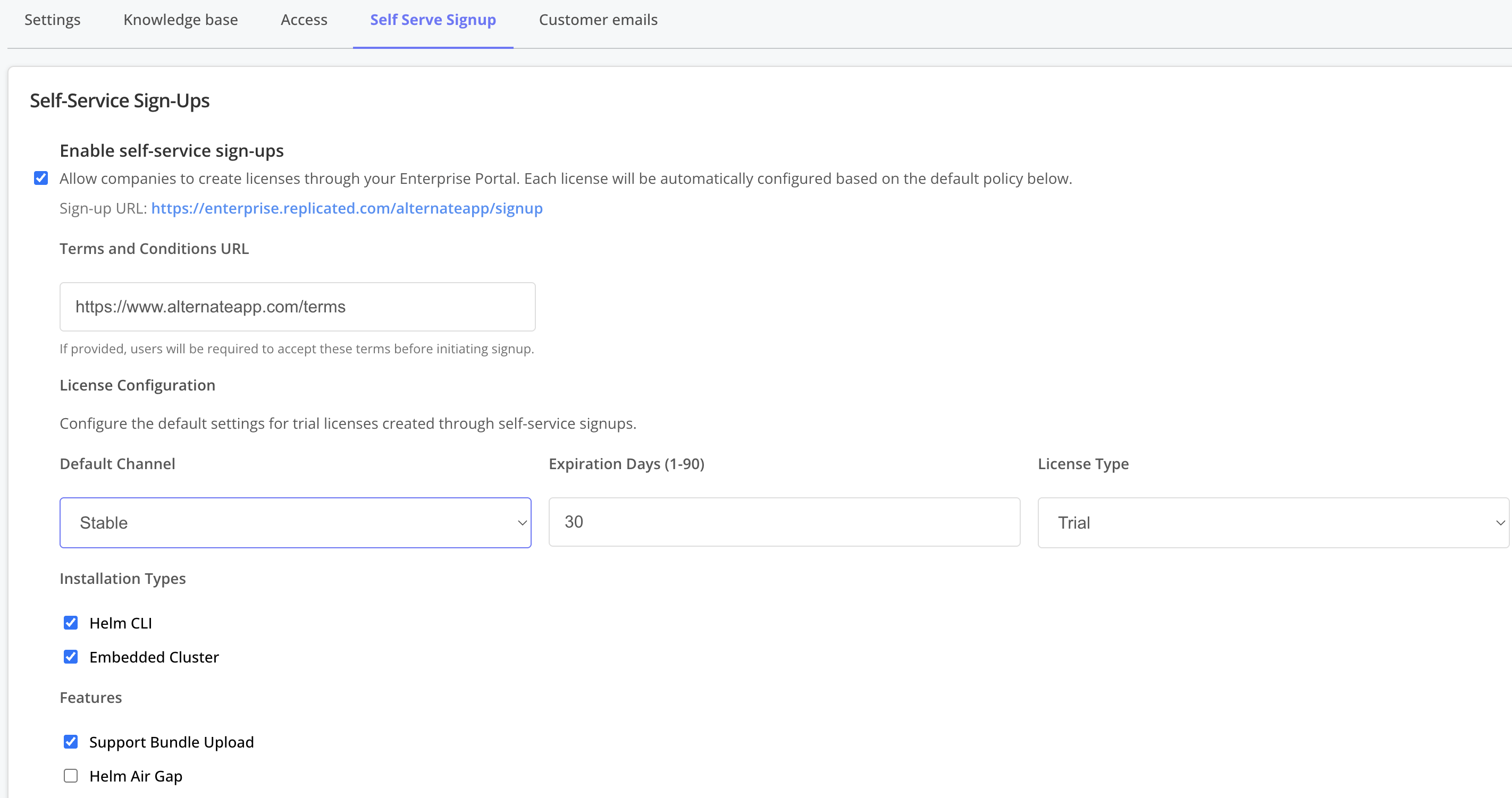 Self-Service Sign-Up Configuration Screen
